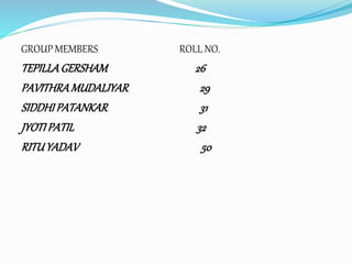 GROUP MEMBERS ROLL NO. 
TEPILLA GERSHAM 26 
PAVITHRA MUDALIYAR 29 
SIDDHI PATANKAR 31 
JYOTI PATIL 32 
RITU YADAV 50 
 