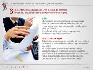 6
1 – 2 – 3 – 4 – 5 – 6 – 7
Fomentar entre as pessoas uma cultura de controle,
eficiência, previsibilidade e cumprimento das regras.
BOM
Mentalidade garante eficiência para operação,
além de previsibilidade em toda a cadeia de
comando da empresa, desde a alta gestão até o
chão de fábrica.
É muito útil para gerir grandes operações
distribuídas ao redor do mundo.
EFEITO COLATERAL
Estabelece uma cultura de aversão ao erro, onde a
prioridade é “não deixar cair nenhum problema no
seu colo”.
Ao invés de ser a motivação para mudança,
experimentação e resiliência, itens necessários
para identificar e desenvolver novas oportunidades.
reduz a diversidade de pensamento sobre os
problemas e as oportunidades na empresa.
 