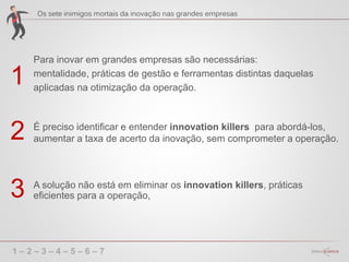 1 – 2 – 3 – 4 – 5 – 6 – 7
Para inovar em grandes empresas são necessárias:
mentalidade, práticas de gestão e ferramentas distintas daquelas
aplicadas na otimização da operação.
1
É preciso identificar e entender innovation killers para abordá-los,
aumentar a taxa de acerto da inovação, sem comprometer a operação.2
A solução não está em eliminar os innovation killers, práticas
eficientes para a operação,3
 