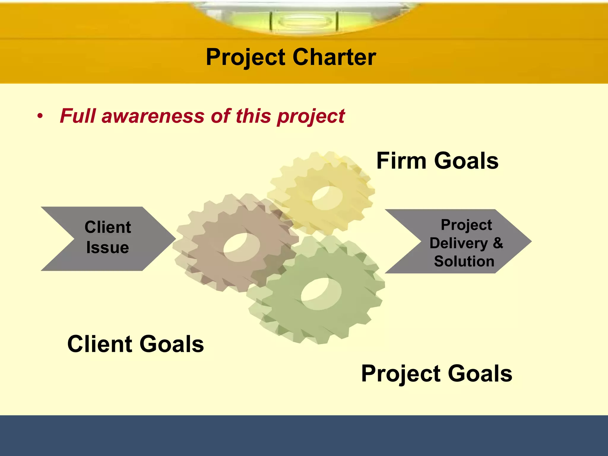 Full awareness of this project Project Charter  Firm Goals  Client Issue Project Delivery & Solution   Client Goals  Project Goals  