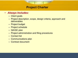 Always Includes: Client goals Project description, scope, design criteria, approach and deliverables Project budget Project schedule QA/QC plan Project administration and filing procedures Contact list Communications plan  Contract document  Project Charter  