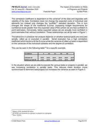 PM World Journal (ISSN: 2330-4480) The Impact of Correlation on Risks
Vol. IX, Issue XII – December 2020 in Programs and Projects
www.pmworldjournal.com Featured Paper by Bob Prieto
© 2020 Robert Prieto www.pmworldlibrary.net Page 5 of 11
The correlation coefficient is dependent on the variance8 of the data and degrades with
volatility of the data. Correlation does not change the expected costs of individual cost
elements but instead only changes the “portfolio”9 standard deviation. This in turn
changes the shape of the traditional S-curve, increasing budget requirements for
confidence levels greater than the expected value (P50) (where we are less confident in
point estimates). Conversely, below expected values we are actually more confident in
point estimates than without correlation. These relationships can all be seen in Figure 1.
The behaviors in schedule risk analysis depends on whether tasks/projects are executed
serially, rolled up or executed in parallel. Serial execution has a high correlation
coefficient which tends to tilt the S-curve while the variance of rolled up tasks is dependent
on the variances of the individual subtasks and the degree of correlation.
This can be seen in the following table10 for a specific example.
In the situation where we are able to execute the various tasks or projects in parallel, we
see increasing correlation in parallel tasks. This reduces mean duration (more
synchronized to dominant task/project) but increases the variance as seen in Figure 3.
8
Square of the standard deviation
9
All WBS cost elements in a project or projects in a program.
10
Kuo; NASA
 