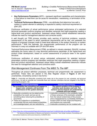 PM World Journal Building a Credible Performance Measurement Baseline
Vol. IV, Issue IX – September 2015 College of Performance Management
www.pmworldjournal.net Series Article by Alleman, Coonce, Price
© 2015 Glen B. Alleman, Thomas J. Coonce, Rick A. Price www.pmworldlibrary.net Page 7 of 24
 Key Performance Parameters (KPP) – represent significant capabilities and characteristics
in that failure to meet them can be cause for reevaluation, reassessing, or termination of the
program.
 Technical Performance Measures (TPM) – are attributes that determine how well a
system or system element is satisfying or expected to satisfy a technical requirement or
goal. [22]
Continuous verification of actual performance versus anticipated performance of a selected
technical parameter confirms progress and identifies variances that might jeopardize meeting a
higher-level end product requirement. Assessed values falling outside established tolerances
indicate the need for management attention and corrective action.
A well thought out TPM process provides early warning of technical problems, supports
assessments of the extent to which operational requirements will be met, and assesses the
impacts of proposed changes made to lower-level elements in the system hierarchy on system
performance. §
With this estimate, the programmatic performance of the program can be
informed in a way not available with CPI and SPI alone.
Technical Performance Measurement (TPM), as defined in industry standard, EIA-632, involves
estimating the future value of a key technical performance parameter of the higher-level end
product under development, based on current assessments of products lower in the system
structure.
Continuous verification of actual versus anticipated achievement for selected technical
parameters confirms progress and identifies variances that might jeopardize meeting a higher-
level end product requirement. Assessed values falling outside established tolerances indicate
the need for management attention and corrective action.
Risk Management Continues From The WBS To The IMP
Throughout all product definition processes, technical and programmatic risk assessment is
performed. These risks are placed in the Risk Register shown in Figure 3 with their
uncertainties. Uncertainty comes in two forms: **
Table 2 – Irreducible and Reducible uncertainty both create risk to the program for cost, schedule, and technical
performance. As well as reducible and irreducible there are Unknown Unknowns that are mitigated in the DOD by
replanning the program. [19]
Reducible Uncertainty Irreducible Uncertainty
The probability that something will happen to
impact cost, schedule, and technical
performance of the system elements.
The natural variation of the program’s
activities work duration and cost. The
variance and its impacts are protected by
schedule and cost margin.
 Reducible uncertainty can be stated as the
probability of an event, and we can do
something about reducing this probability of
occurrence.
 These are (subjective or probabilistic)
uncertainties that are event-based probabilities,
are knowledge-based, and are reducible by
 Irreducible uncertainty is the probability range
of these variances of the stochastic variability
from the natural randomness of the process
and is characterized by a probability distribution
function (PDF) for their range and frequency,
and therefore are irreducible.
 Irreducible uncertainty can be modeled with
§ https://dap.dau.mil/acquipedia/Pages/ArticleDetails.aspx?aid=7c1d9528-4a9e-4c3a-8f9e-6e0ff93b6ccb
** “On Numerical Representation of Aleatory and Epistemic Uncertainty,” Hans Schjær-Jacobsen, Proceedings of 9
th
International Conference of Structural Dynamics, EURODYN 2014.
 