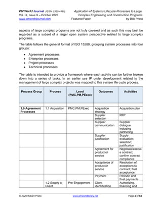 PM World Journal (ISSN: 2330-4480) Application of Systems Lifecycle Processes to Large,
Vol. IX, Issue X – October 2020 Complex Engineering and Construction Programs
www.pmworldjournal.com Featured Paper by Bob Prieto
© 2020 Robert Prieto www.pmworldlibrary.net Page 2 of 63
aspects of large complex programs are not truly covered and as such this may best be
regarded as a subset of a larger open system perspective related to large complex
programs.
The table follows the general format of ISO 15288, grouping system processes into four
groups:
• Agreement processes
• Enterprise processes
• Project processes
• Technical processes
The table is intended to provide a framework where each activity can be further broken
down into a series of tasks. In an earlier use IP under development related to the
management of large complex projects was mapped to this system life cycle process.
Process Group Process Level
(PMC,PM,PExec)
Outcomes Activities
1.0 Agreement
Processes
1.1 Acquisition PMC,PM,PExec Acquisition
strategy
Acquisition plan
Supplier
selection
RFP
Supplier
communication
Supplier
dialogue
including
partnering
Supplier
justification
Supply
evaluation;
selection;
justification
Agreement for
product or
service
Negotiate/execut
e contract;
confirm contract
compliance
Acceptance of
product or
service
Resolution of
exceptions to
contract; final
acceptance
Payment Periodic and
final payments
1.2 Supply to
Client
Pre-Engagement Client
identification
Authorizing,
financing and
 
