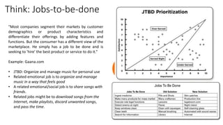 Think: Jobs-to-be-done
"Most companies segment their markets by customer
demographics or product characteristics and
differentiate their offerings by adding features and
functions. But the consumer has a different view of the
marketplace. He simply has a job to be done and is
seeking to 'hire' the best product or service to do it.”
Example: Gaana.com
• JTBD: Organize and manage music for personal use
• Related emotional job is to organize and manage
music in a way that feels good
• A related emotional/social job is to share songs with
friends.
• Related jobs might be to download songs from the
Internet, make playlists, discard unwanted songs,
and pass the time.
 