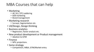 MBA Courses that can help
• Marketing
• 4P, 5Cs, STP, Laddering
• B2B marketing
• Brand management
• Marketing research
• Surveys, Segmentation etc.
• UX/Design, Design thinking
• Business analytics
• Regression, Factor analysis etc.
• New product development or Product management
• Ideation to GTM
• Finance
• NPV, projections
• Some strategy
• Competition, M&A, GTM/Market-entry
 