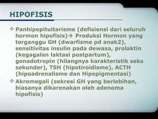 HIPOFISIS 
Panhipopituitarisme (defisiensi dari seluruh 
hormon hipofisis) Produksi Hormon yang 
terganggu GH (dwarfisme pd anak2), 
sensitivitas insulin pada dewasa, prolaktin 
(kegagalan laktasi postpartum), 
gonadotropin (hilangnya karakteristik seks 
sekunder), TSH (hipotiroidisme), ACTH 
(hipoadrenalisme dan Hipopigmentasi) 
Akromegali (sekresi GH yang berlebihan, 
biasanya dikarenakan oleh adenoma 
hipofisis) 
 