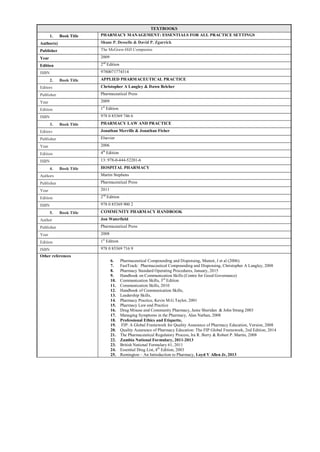 TEXTBOOKS
1. Book Title PHARMACY MANAGEMENT: ESSENTIALS FOR ALL PRACTICE SETTINGS
Author(s) Shane P. Desselle & David P. Zgarrick
Publisher The McGraw-Hill Companies
Year 2009
Edition 2nd
Edition
ISBN 9780071774314
2. Book Title APPLIED PHARMACEUTICAL PRACTICE
Editors Christopher A Langley & Dawn Belcher
Publisher Pharmaceutical Press
Year 2009
Edition 1st
Edition
ISBN 978 0 85369 746 6
3. Book Title PHARMACY LAW AND PRACTICE
Editors Jonathan Merrills & Jonathan Fisher
Publisher Elsevier
Year 2006
Edition 4th
Edition
ISBN 13: 978-0-444-52201-6
4. Book Title HOSPITAL PHARMACY
Authors Martin Stephens
Publisher Pharmaceutical Press
Year 2011
Edition 2nd
Edition
ISBN 978 0 85369 900 2
5. Book Title COMMUNITY PHARMACY HANDBOOK
Author Jon Waterfield
Publisher Pharmaceutical Press
Year 2008
Edition 1st
Edition
ISBN 978 0 85369 716 9
Other references
6. Pharmaceutical Compounding and Dispensing, Mamot, J et al (2006).
7. FastTrack: Pharmaceutical Compounding and Dispensing, Christopher A Langley, 2008
8. Pharmacy Standard Operating Procedures, January, 2015
9. Handbook on Communication Skills (Centre for Good Governance)
10. Communication Skills, 3rd
Edition
11. Communication Skills, 2010
12. Handbook of Communication Skills,
13. Leadership Skills,
14. Pharmacy Practice, Kevin M.G.Taylor, 2001
15. Pharmacy Law and Practice
16. Drug Misuse and Community Pharmacy, Janie Sheridan & John Strang 2003
17. Managing Symptoms in the Pharmacy, Alan Nathan, 2008
18. Professional Ethics and Etiquette,
19. FIP: A Global Framework for Quality Assurance of Pharmacy Education, Version, 2008
20. Quality Assurance of Pharmacy Education: The FIP Global Framework, 2nd Edition, 2014
21. The Pharmaceutical Regulatory Process, Ira R. Berry & Robert P. Martin, 2008
22. Zambia National Formulary, 2011-2013
23. British National Formulary 61, 2011
24. Essential Drug List, 4th
Edition, 2003
25. Remington – An Introduction to Pharmacy, Loyd V Allen Jr, 2013
 