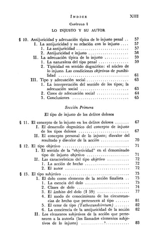 f N D I C E XIII
LO INJUSTO Y SU AUTOR
8 10. Antijuricidad y adecuación típica de lo injusto penal ..
1. La antijuricidad y su relación con lo injusto ....
1. La antijuricidad ..........................
2. Antijuricidad e injusto . . . . . . . . . . . . . . . . . . . .
11. La adecuación típica de lo injusto ............
1. La naturaleza del tipo penal ...............
2. Tipicidad en sentido dogmático: el núcleo de
lo injusto.Las condiciones objetivas de punibi-
lidad ...................................
111. Tipo y adecuación social . . . . . . . . . . . . . . . . . . . . .
1. La interpretación del sentido de los tipos; la
adecuación social . . . . . . . . . . . . . . . . . . . . . . . .
2. Casos de adecuación social . . . . . . . . . . . . . . . .
3. Conclusiones ............................
Sección Primera
El tipo de injusto de los delitos dolosos
Q 11. El concepto de lo injusto en los delitos dolosos .......
1. El desarrollo dogmático del concepto de injusto
de los tipos dolosos .........................
11. El concepto personal de lo injusto; disvalor del
resultado y disvalor de la acción ..............
O 12. El tipo objetivo .................................
1. El sentido de la "ohjeti~idad" en el denominado
tipo de injusto objetivo .....................
11. Las características del tipo objetivo . . . . . . . . . . .
1. La acción de hecho . . . . . . . . . . . . . . . . . . . . . .
2. El autor ................................
9 13. El tipo subjetivo . . . . . . . . . . . . . . . . . . . . . . . . . . . . . . . . .
1. El dolo como elemento de la acción finalista . .
1. La esencia del dolo . . . . . . . . . . . . . . . . . . . . . .
. . . . . . . . . . . . . . . . . . . . . . . . . .2 . Clases de dolo
3. El ámbito del dolo (O 59) . . . . . . . . . . . . . . . .
4 . El modo de conocimiento de las circunstan-
cias de hecho que pertenecen al tipo .......
5. El error de tipo (Tatbestandsirrtum) . . . . . . .
6. La conciencia de la antijuricidad de la acción
11. Los elementos subjetivos de la acción que perte-
necen a la autoría (los llamados elementos subje-
tivos de lo injusto) . . . . . . . . . . . .& . . . . . . . . . . . .
 