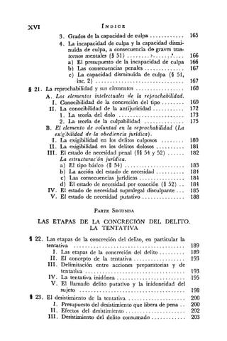 3. Grados de la capacidad de culpa ............
4 . La incapacidad de culpa y la capacidad dismi-
nuída de culpa. a consecuencia de graves tras-
tornos mentales (8 51) ........ i-...... .'. ...
a) El presupuesto de la incapacidad de culpa
..............b Las consecuencias penales
c) La capacidad disminuída de cuIpa (Q51.
inc.2) ...............................
. . . . . . . . . . . . . . . . ..3 21 La reprochabilidad y sus elementos
A . Los elementos intelectuales de la refirochabiltdad.
1. Conocibilidad de la concreción del tipo ........
11. La conocibilidad de la antijuricidad ...........
........................1 La teoría del dolo
2. La teoría de la culpabilidad ..............
B. El elemento de voluntad en la reprochabilidad (La
ex!g:bilidad de la obedlencla juridica) .
1. La exigibilidad en los delitos culposos ........
11. La exigibilidad en los delitos dolosos ..........
111. El estado de necesidad penal (S$ 54 y 52) . . . . . .
La estructurac'ón juridica .
.....................a) El tipo bjsico !§ 54)
b ) La acción del estado de necesidad ..........
c) Las consecuencias jurídicas ................
d) El estado de necesidad por coacción (O 52) ..
IV. El estado de necesidad supralegal disculpante ...
V . El estado de necesidad putativo ...............
LAS ETAPAS DE LA CONCRECION DEL DELITO.
LA TENTATIVA
8 22. Las etapas de la concreción del delito. en particular la
tentativa . . . . . . . . . . . . . . . . . . . . . . . . . . . . . . . . . . . . . . .
. . . . . . . . ..1 Las etapas de la concreción del delito
11. El concepto de la tentativa . . . . . . . . . . . . . . . . . .
111. Delimitación entre acciones preparatorias y de
...................................tentativa
IV . La tentativa inidónea ........................
V . El llamado delito putativo y la inidoneidad del
sujeto .....................................
4 23. El desistimiento de la tentativa . . . . . . . . . . . . . . . . . . . .
1. Presupuesto del desistimientoque libera de pena ..
11. Efectos del desistimiento . . . . . . . . . . . . . . . . . . . . .
111. Desistimiento del delito consumado ............
 