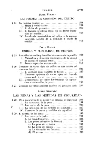 Í N D I C E XVII
LAS FORMAS DE COMISIÓN DEL DELITO
. . . . . . . . . . . . . . . . . . . . . . . . . . . . . ..5 24 La omisión punible 204
. . . . . . . . . . . . . . . . . . . . . . . .1. Hacer y omitir activo 204
. . . . . . . . . . . . . . . . . . . . . . . .II. El deber de garantía 206
111. El llamado problema causal en los delitos impro-
. . . . . . . . . . . . . . . . . . . . . . . . . . . . .pios de omisión 210
IV . Las demás características del delito en la omisión
impropia. Límites de la comisión a través de
omisión . . . . . . . . . . . . . . . . . . . . . . . . . . . . . . . . . . . . 212
UNIDAD Y PLURALIDAD DE DELITOS
8 25. La unidad de acción y la unidad de una conducta punible 215
1. Naturaleza y elementos constitutivos de la unidad
. . . . . . . . . . . . . . . . . . .de acción en derecho penal 215
. . . . . . . . . . . . . . . .11. Formas especiales de ejecución 217
8 26. Concurso de varios tipos de delitos en una acción (el
. . . . . . . . . . . . . . . . . . . . . . . . . . . . . . . . .concurso ideal) 225
1. El concurso ideal (unidad de hecho) . . . . . . . . . . 225
11. Concurso aparente de varios tipos (el llamado
. . . . . . . . . . . . . . . . . . . . . . . . . . .concurso de leyes) 228
111. Concurrencia de varios fundamentos de agrava-
. . . . . . . . . . . . . . . . . . .ción o atenuación de pena 230
8 27. Concurso de varias acciones punibles (ei conc~iisoreal) 231
LAS PENAS Y LAS MEDIDAS DE SEGURIDAD
8 28. De la naturaleza de las penas y las medidas de seguridad
1. La natiiraleza de la pena . . . . . . . . . . . . . . . . . . . .
. . . . . . . . . . . . . . . . . . . . . . .11. Las teorías de la pena
1 111. La naturaleza de las medidas de seguridad . . . . .
IV . Concurso de penas y medidas de seguridad . . . .
. . . . . . . . . . . . . . . . . . . . . . . . . . .3 29. El sistema de las penas
. . . . . . . . . . . . . . . . . . . . . . . .1. Las penas principales
1. La pena de.rnuerte . . . . . . . . . . . . . . . . . . . . . . . .
2. Las penas privativas de libertad . . . . . . . . . . . .
. . . . . . . . . . . . . . . . .a) La pena de reclusión
. . . . . . . . . . . . . . . . . . .b) 1,a pena de prisión
c) La detención en fortaleza . . . . . . . . . . . . . .
d ) El arresto . . . . . . . . . . . . . . . . . . . . . . . . . . . .
 