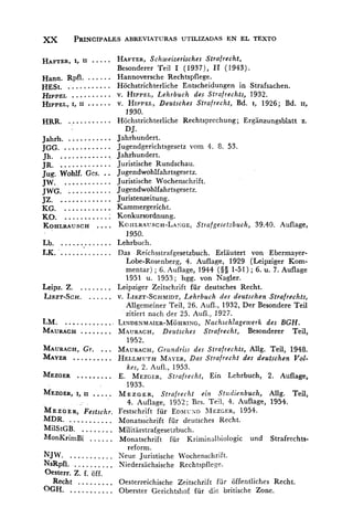 .....H A F T ~ ~ ,1, 11
HAFTER,Schweizerisches Strafrecht,
Besonderer Teil 1 (1937), 11 (1943).
......Hann. Rpfl. Hannoversche Rechtspflege.
HES~............ Hochstrichterliche Entscheidungen in Strafsachen.
H I P p ~ ~.......... v. HIPPEL, Lehrbuch des Strafrechts, 1932.
......H I P p ~ ~ ,1, 11 V. HIPPEL,Deutsches Strafrecht, Bd. 1, 1926; Bd. 11,
1930.
HRR. ........... Hochstrichterliche Rechtsprechung; Erganzungsblatt z.
OJ.
Jahrh. ........... Jahrhiindert.
............JGG. Jugendgerichtsgesetz vom 4. 8. 53.
jh. ............. Jahrhundert.
.............JR. Juristische Rundschau.
jug. Wohlf. Ges. .. Jugendwohlfahrtsgesetz.
JW. ............ Juristische Wochenschrift.
JWG. ........... Jugendwohlfahrtsgesetz.
JZ. ............. Juristenzeitung.
KG. ............ Kammergericht.
KO. ............ Konkursordnung.
....K o H ~ R ~ ~ s ~ ~KOHLRAUSCH-LAYGE,Strafgesetzbuch, 39.40. Auflage,
1950.
.............Lb. Lehrbuch.
LK. ............. Das Reichsstrafgesetzbuch. Erlautert von Ebermayer-
Lobe-Rosenberg, 4. Auflage, 1929 (Leipziger Kom-
mentar); 6. Auflage, 1944 (3s 1-51); 6. u. 7. Auflage
1951 u. 1953; hgg. von Nagler.
Leipz. Z. ........ Leipziger Zeitschrift für deutsches Recht.
LISZT-SCH. ...... v. LISZT-SCHMIDT,Lehrbuch des deutschen Strafrechts,
Allgemeiner Teil, 26. .4ufl., 1932, Der Besondere Teil
zitiert nach der 25. Aufl., 1927.
LM. ............ LINDENMAIER-M~HRING,Nachschtagewerk des BGH.
MAURACH........ MAURACH,Deutsches Strafrecht, Besonderer Teil,
1952.
MAURACH,Gr. ... MAURACH,Crundri~sdes Strafrechts, Allg. Teil, 1948.
MAYER.......... HELLMUTHMAYER,Das Strafrecht des deutschen Vol-
kes, 2. Aufl., 1953.
MEZGER......... E. MEZGER,Strafrecht, Ein Lehrbuch, 2. Auflage,
1933.
MEZGER,1, 11 ..... MEZGER,Strafrecht ein Stz~dienbuch, Allg. Teil,
4. Auflage, 1932; Brs. Teil, 4. Auflage, 1954.
M EZGER, Festjchr. Festschrift für E D M X ~ D~IEZGER, 1954.
MDR. ........... Monatsschrift für deutsches Recht.
MilStGB. ........ Militirstrafgesetzbuch.
MonKrimBi ...... Monatschrift für Kriminalbiologic und Strafrechts-
reform.
...........NJW. Neue Juristische ~'ochenschrift.
NsRpfl. .......... Niedersachsische Rechtspflese.
Oesterr. Z. f. off.
.........Recht Oesterreichische Zeitschrift fiir offentliches Recht.
...........OGH. Oberster Gerichtshof für die britische Zone.
 