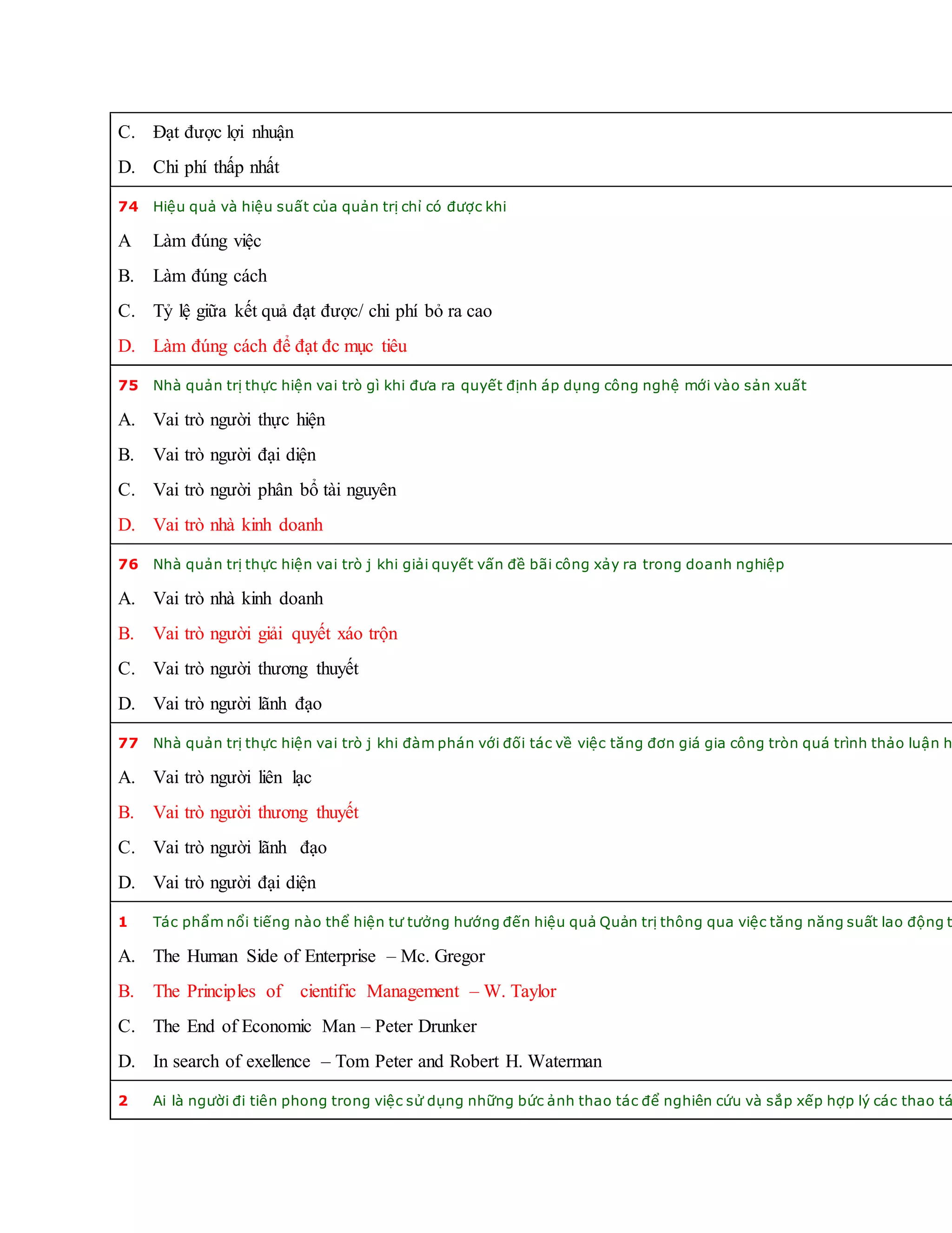 C. Đạt được lợi nhuận
D. Chi phí thấp nhất
74 Hiệu quả và hiệu suất của quản trị chỉ có được khi
A Làm đúng việc
B. Làm đúng cách
C. Tỷ lệ giữa kết quả đạt được/ chi phí bỏ ra cao
D. Làm đúng cách để đạt đc mục tiêu
75 Nhà quản trị thực hiện vai trò gì khi đưa ra quyết định áp dụng công nghệ mới vào sản xuất
A. Vai trò người thực hiện
B. Vai trò người đại diện
C. Vai trò người phân bổ tài nguyên
D. Vai trò nhà kinh doanh
76 Nhà quản trị thực hiện vai trò j khi giải quyết vấn đề bãi công xảy ra trong doanh nghiệp
A. Vai trò nhà kinh doanh
B. Vai trò người giải quyết xáo trộn
C. Vai trò người thương thuyết
D. Vai trò người lãnh đạo
77 Nhà quản trị thực hiện vai trò j khi đàm phán với đối tác về việc tăng đơn giá gia công tròn quá trình thảo luận h
A. Vai trò người liên lạc
B. Vai trò người thương thuyết
C. Vai trò người lãnh đạo
D. Vai trò người đại diện
1 Tác phẩm nổi tiếng nào thể hiện tư tưởng hướng đến hiệu quả Quản trị thông qua việc tăng năng suất lao động t
A. The Human Side of Enterprise – Mc. Gregor
B. The Principles of cientific Management – W. Taylor
C. The End of Economic Man – Peter Drunker
D. In search of exellence – Tom Peter and Robert H. Waterman
2 Ai là người đi tiên phong trong việc sử dụng những bức ảnh thao tác để nghiên cứu và sắp xếp hợp lý các thao tá
 