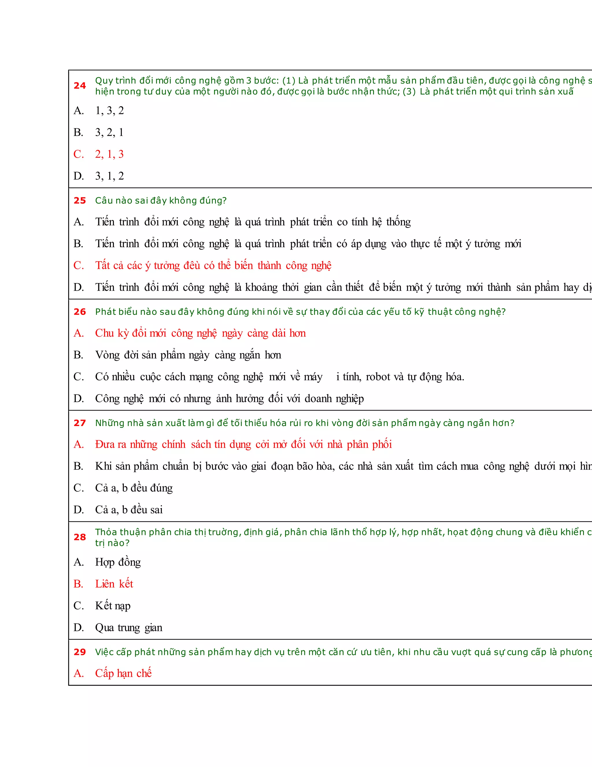 24
Quy trình đổi mới công nghệ gồm 3 bước: (1) Là phát triển một mẫu sản phẩm đầu tiên, được gọi là công nghệ s
hiện trong tư duy của một người nào đó, được gọi là bước nhận thức; (3) Là phát triển một qui trình sản xuấ
A. 1, 3, 2
B. 3, 2, 1
C. 2, 1, 3
D. 3, 1, 2
25 Câu nào sai đây không đúng?
A. Tiến trình đổi mới công nghệ là quá trình phát triển co tính hệ thống
B. Tiến trình đổi mới công nghệ là quá trình phát triển có áp dụng vào thực tế một ý tưởng mới
C. Tất cả các ý tưởng đêù có thể biến thành công nghệ
D. Tiến trình đổi mới công nghệ là khoảng thởi gian cần thiết để biến một ý tưởng mới thành sản phẩm hay dịc
26 Phát biểu nào sau đây không đúng khi nói về sự thay đổi của các yếu tố kỹ thuật công nghệ?
A. Chu kỳ đổi mới công nghệ ngày càng dài hơn
B. Vòng đời sản phẩm ngày càng ngắn hơn
C. Có nhiều cuộc cách mạng công nghệ mới về máy i tính, robot và tự động hóa.
D. Công nghệ mới có nhưng ảnh hưởng đối với doanh nghiệp
27 Những nhà sản xuất làm gì để tối thiểu hóa rủi ro khi vòng đời sản phẩm ngày càng ngắn hơn?
A. Đưa ra những chính sách tín dụng cởi mở đối với nhà phân phối
B. Khi sản phẩm chuẩn bị bước vào giai đoạn bão hòa, các nhà sản xuất tìm cách mua công nghệ dưới mọi hìn
C. Cả a, b đều đúng
D. Cả a, b đều sai
28
Thỏa thuận phân chia thị truờng, định giá, phân chia lãnh thổ hợp lý, hợp nhất, họat động chung và điều khiển ch
trị nào?
A. Hợp đồng
B. Liên kết
C. Kết nạp
D. Qua trung gian
29 Việc cấp phát những sản phẩm hay dịch vụ trên một căn cứ ưu tiên, khi nhu cầu vuợt quá sự cung cấp là phưong
A. Cấp hạn chế
 