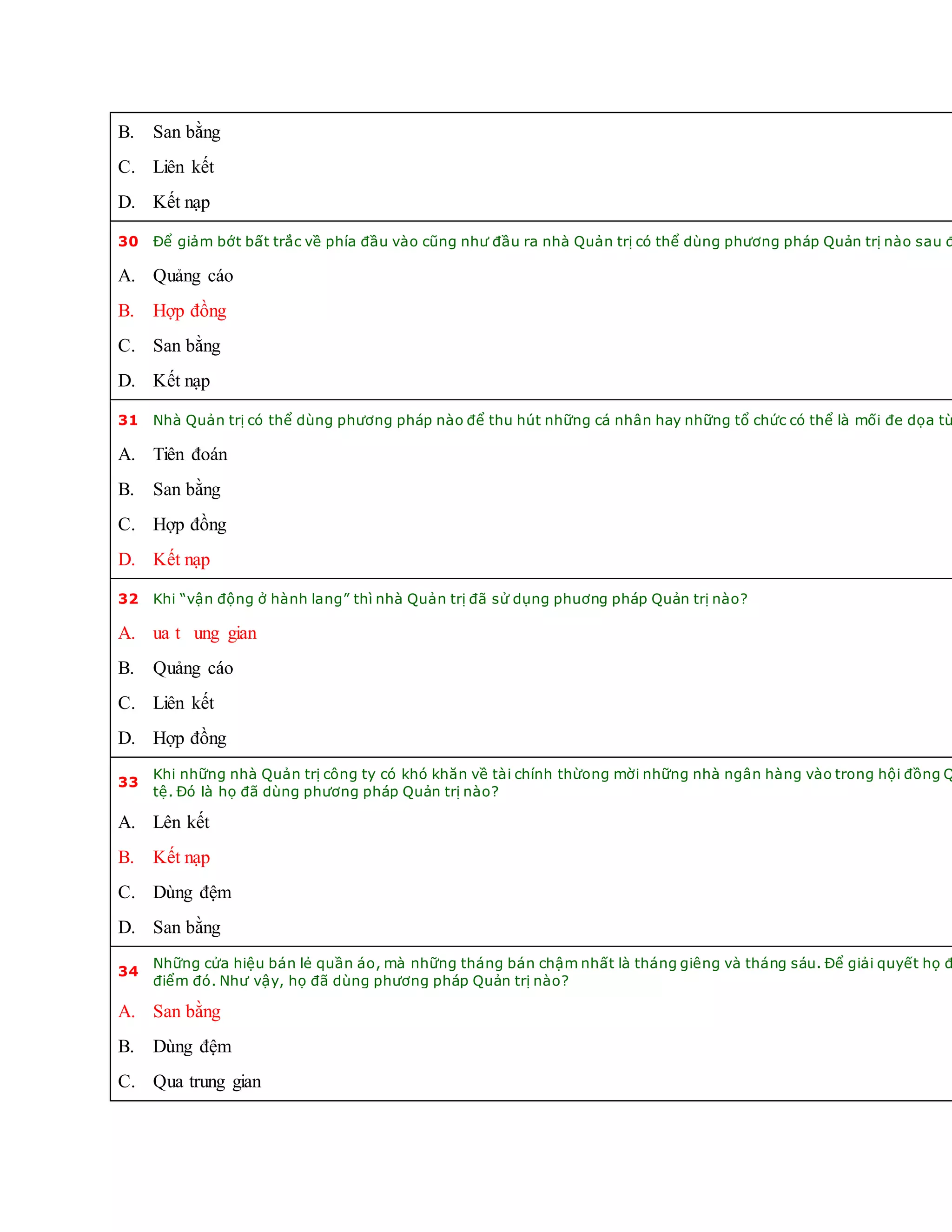 B. San bằng
C. Liên kết
D. Kết nạp
30 Để giảm bớt bất trắc về phía đầu vào cũng như đầu ra nhà Quản trị có thể dùng phương pháp Quản trị nào sau đ
A. Quảng cáo
B. Hợp đồng
C. San bằng
D. Kết nạp
31 Nhà Quản trị có thể dùng phương pháp nào để thu hút những cá nhân hay những tổ chức có thể là mối đe dọa từ
A. Tiên đoán
B. San bằng
C. Hợp đồng
D. Kết nạp
32 Khi “vận động ở hành lang” thì nhà Quản trị đã sử dụng phuơng pháp Quản trị nào?
A. ua t ung gian
B. Quảng cáo
C. Liên kết
D. Hợp đồng
33
Khi những nhà Quản trị công ty có khó khăn về tài chính thừong mời những nhà ngân hàng vào trong hội đồng Q
tệ. Đó là họ đã dùng phương pháp Quản trị nào?
A. Lên kết
B. Kết nạp
C. Dùng đệm
D. San bằng
34
Những cửa hiệu bán lẻ quần áo, mà những tháng bán chậm nhất là tháng giêng và tháng sáu. Để giải quyết họ đ
điểm đó. Như vậy, họ đã dùng phương pháp Quản trị nào?
A. San bằng
B. Dùng đệm
C. Qua trung gian
 