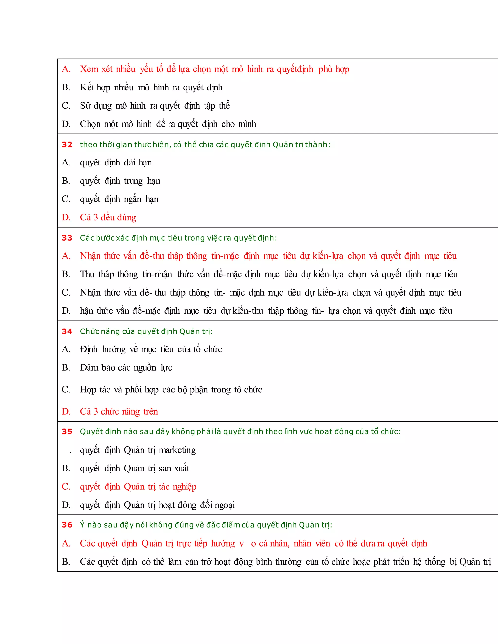 A. Xem xét nhiều yếu tố để lựa chọn một mô hình ra quyếtđịnh phù hợp
B. Kết hợp nhiều mô hình ra quyết định
C. Sử dụng mô hình ra quyết định tập thể
D. Chọn một mô hình để ra quyết định cho mình
32 theo thời gian thực hiện, có thể chia các quyết định Quản trị thành:
A. quyết định dài hạn
B. quyết định trung hạn
C. quyết định ngắn hạn
D. Cả 3 đều đúng
33 Các bước xác định mục tiêu trong việc ra quyết định:
A. Nhận thức vấn đề-thu thập thông tin-mặc định mục tiêu dự kiến-lựa chọn và quyết định mục tiêu
B. Thu thập thông tin-nhận thức vấn đề-mặc định mục tiêu dự kiến-lựa chọn và quyết định mục tiêu
C. Nhận thức vấn đề- thu thập thông tin- mặc định mục tiêu dự kiến-lựa chọn và quyết định mục tiêu
D. hận thức vấn đề-mặc định mục tiêu dự kiến-thu thập thông tin- lựa chọn và quyết đinh mục tiêu
34 Chức năng của quyết định Quản trị:
A. Định hướng về mục tiêu của tổ chức
B. Đảm bảo các nguồn lực
C. Hợp tác và phối hợp các bộ phận trong tổ chức
D. Cả 3 chức năng trên
35 Quyết định nào sau đây không phải là quyết đinh theo lĩnh vực hoạt động của tổ chức:
. quyết định Quản trị marketing
B. quyết định Quản trị sản xuất
C. quyết định Quản trị tác nghiệp
D. quyết định Quản trị hoạt động đối ngoại
36 Ý nào sau đậy nói không đúng về đặc điểm của quyết định Quản trị:
A. Các quyết định Quản trị trực tiếp hướng v o cá nhân, nhân viên có thể đưa ra quyết định
B. Các quyết định có thể làm cản trở hoạt động bình thường của tổ chức hoặc phát triển hệ thống bị Quản trị
 