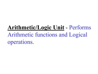 Arithmetic/Logic Unit - Performs
Arithmetic functions and Logical
operations.
 