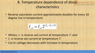 8. Temperature dependence of diode
characteristics
• Reverse saturation current approximately doubles for every 10
degree rise in temperature
• Where, Io1 is reverse sat current at temperature T1 and
• I02 is reverse sat current at temperature T2
• Cut-in voltage decreases with increase in temperature
www.advanced.edu.inwww.advanced.edu.in
 
