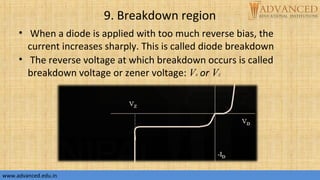 9. Breakdown region
• When a diode is applied with too much reverse bias, the
current increases sharply. This is called diode breakdown
• The reverse voltage at which breakdown occurs is called
breakdown voltage or zener voltage: VB or VZ
www.advanced.edu.inwww.advanced.edu.in
 