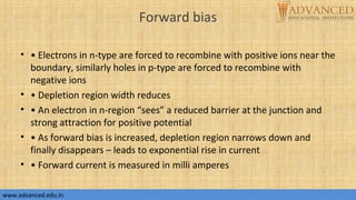 Forward bias
• • Electrons in n-type are forced to recombine with positive ions near the
boundary, similarly holes in p-type are forced to recombine with
negative ions
• • Depletion region width reduces
• • An electron in n-region “sees” a reduced barrier at the junction and
strong attraction for positive potential
• • As forward bias is increased, depletion region narrows down and
finally disappears – leads to exponential rise in current
• • Forward current is measured in milli amperes
www.advanced.edu.inwww.advanced.edu.in
 