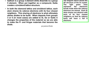 What Are Diodes Made Out Of?
• Silicon (Si) and Germanium (Ge) are the two most
common single elements that are used to make Diodes.
A compound that is commonly used is Gallium
Arsenide (GaAs), especially in the case of LEDs
because of it’s large bandgap.
• Silicon and Germanium are both group 4 elements,
meaning they have 4 valence electrons. Their
structure allows them to grow in a shape called the
diamond lattice.
• Gallium is a group 3 element while Arsenide is a group
5 element. When put together as a compound, GaAs
creates a zincblend lattice structure.
• In both the diamond lattice and zincblend lattice, each
atom shares its valence electrons with its four closest
neighbors. This sharing of electrons is what ultimately
allows diodes to be build. When dopants from groups
3 or 5 (in most cases) are added to Si, Ge or GaAs it
changes the properties of the material so we are able
to make the P- and N-type materials that become the
diode.
Si
+4
Si
+4
Si
+4
Si
+4
Si
+4
Si
+4
Si
+4
Si
+4
Si
+4
The diagram above shows the
2D structure of the Si crystal.
The light green lines
represent the electronic
bonds made when the valence
electrons are shared. Each Si
atom shares one electron with
each of its four closest
neighbors so that its valence
band will have a full 8
electrons.
pn-juntion-Diode
 
