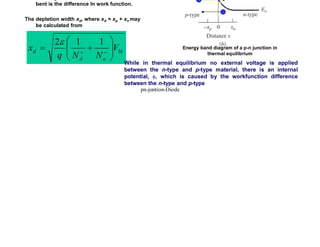 i.e. the Fermi level in the p- and n- type
semiconductors must be equal. This
requirement for constant Fermi level
pushes
the n-type semiconductor Fermi level
down to be constant with the p-type
semiconductor Fermi level, as shown in
the diagram. The amount the bands are
bent is the difference In work function.
The depletion width xd, where xd = xp + xn may
be calculated from
Drift
Diffusio
n
Drift
Diffusio
n
bi
a
d
d V
N
N
q
x ÷
÷
ø
ö
ç
ç
è
æ
+
= -
+
1
1
2e
0
=
dx
dEf
Energy Band Diagram at Thermal Equilibrium
At thermal equilibrium
Energy band diagram of a p-n junction in
thermal equilibrium
While in thermal equilibrium no external voltage is applied
between the n-type and p-type material, there is an internal
potential, f, which is caused by the workfunction difference
between the n-type and p-type
pn-juntion-Diode
 