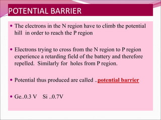 POTENTIAL BARRIER
 The electrons in the N region have to climb the potential
hill in order to reach the P region
 Electrons trying to cross from the N region to P region
experience a retarding field of the battery and therefore
repelled. Similarly for holes from P region.
 Potential thus produced are called ..potential barrier
 Ge..0.3 V Si ..0.7V
 