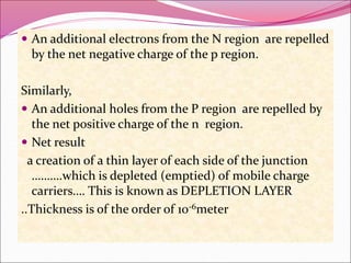  An additional electrons from the N region are repelled
by the net negative charge of the p region.
Similarly,
 An additional holes from the P region are repelled by
the net positive charge of the n region.
 Net result
a creation of a thin layer of each side of the junction
……….which is depleted (emptied) of mobile charge
carriers…. This is known as DEPLETION LAYER
..Thickness is of the order of 10-6meter
 