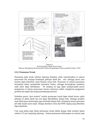 !Ilustrasi 4.
Pola Pergerakan Ternak Secara Alami,
Manuver Melengkung dan Konstruksi Fasilitas Penampungan Ternak yang Ideal (Taylor, 1994)
!
2.2.2. Pemuasaan Ternak
!
Pemuasaan pada ternak sebelum dipotong ditujukan untuk meminimalkan isi saluran
pencernaan dan menjaga kandungan glikogen darah dan otot, sehingga proses post
mortem dapat difasilitasi untuk berjalan secara baik. Penurunan isi saluran pencernaan
bermanfaat dalam memperbaiki persentase karkas, sehingga kemungkinan terjadinya
salah taksir dapat dihindarkan. Di samping itu juga dapat mempermudah proses
pengeluaran isi saluran pencernaan, karena volumenya sedikit, menghemat penggunaan
gerobak alat angkut dan tempat penampungan kotoran.
!
Perbaikan proses “post mortem” melalui pemuasaan ternak dapat terjadi karena suplai
glikogen di dalam darah dan otot dapat dikendalikan dengan baik, sehingga produksi
asam laktat pasca pemotongan juga terkendali dengan baik, selanjutnya proses penurunan
pH tidak terjadi secara tajam. Dengan demikian warna dan WHC daging yang dihasilkan
dapat diperbaiki.
!
Cara yang paling tepat dalam pemuasaan ternak adalah dengan tidak memberi pakan
selama 8-12 jam menjelang dipotong. Selama pemuasaan dilaksanakan air minum tetap
!
!
!
!
!14
 