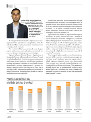 70
As principais razões citadas pelas empresas que não con-
seguiram iniciar as ações indicadas como prioritárias foram alte-
ração das prioridades, incerteza em relação ao momento econômico
e remanejamento de orçamento.
Para José Antonio Silva, houve um ajuste do escopo de alguns
projetos, notadamente os relacionados a desenvolvimento de pes-
soas, o que demandou maior tempo para a sua implantação.
A gerente de Desenvolvimento Humano e Organizacional do
SindicatodasEmpresasdeTransporteColetivoUrbanodePassagei-
ros de Goiânia, Lecy Costa Ribeiro, comenta que, em sua empresa,
as prioridades se mantiveram como antes definidas, mas algumas
estratégias precisaram ser realinhadas em decorrência do momento
de manifestações, que trouxe impactos negativos e até mesmo pre-
ocupantes para o seu negócio. Bittar relata que, no Grupo Real, as
prioridades de RH foram mantidas, e a área está trabalhando no
desenvolvimento delas, não tendo nenhuma alteração em relação às
prioridades, nem mesmo orçamentária.
Na atualização da pesquisa, um terço das empresas informou
que remanejou os seus orçamentos tendo em vista dificuldade de
aprovação da verba para os projetos inicialmente definidos. No iní-
cio do ano, 54,8% das empresas tinham a previsão de manter seu
orçamento; 32%, de ampliar; e o restante, de reduzir. A mesma
pesquisa também havia constatado que orçamento é a principal difi-
culdade para a execução de projetos de RH.
Segundo Silva, como algumas das empresas ainda enxergam os
investimentos em recursos humanos como custos, o orçamento de
RH é um dos primeiros itens a serem contingenciados. “Felizmente,
podemos dizer que já há uma mudança nessa visão, haja vista que a
PTGP constatou que, em 33% das empresas pesquisadas, os orça-
mentos de RH foram, quando muito, ajustados, e não reduzidos.As
empresas, nesses casos, têm procurado alternativas para implantar
as ações, e muitas delas têm desenvolvido internamente os seus pro-
jetos, por meio de multiplicadores de conhecimento e orientação de
consultorias”, comenta ele.
Essa visão positiva é constatada por Lecy. Questionada se o
orçamento de RH é o primeiro a ser alterado, ela comenta que, “por
incrível que pareça”, não é assim na sua atual empresa, embora a
folha de pagamento seja um dos maiores gastos da companhia.
“Sinto-me muito bem e valorizada como profissional que está à
frente das iniciativas e decisões sobre pessoas. É claro que a respon-
sabilidade aumenta, uma vez que a alta direção confia e nos delega
tamanho desafio, mas é estimulador sentir que as prioridades conti-
nuam sendo as pessoas e os processos, em uma visão de sustentabi-
lidade do negócio”, ressalta.
PESQUISA
Percentuais de realização das
prioridades de RH do Grupo Real
77%
Desenvolvimento de
liderança
80%
Cargos e
remuneração
66.6%
Endomarketing
70%
Relações
trabalhistas
100%
Comunicação
interna
81.1%
Saúde e segurança
ocupacional
100%
Recrutamento e
seleção
100%
Responsabilidade
social
Eduardo Bittar, gerente de Recursos
Humanos do Grupo Real: "Mesmo já
sabendo, no final de 2012, que
as perspectivas para 2013
eram de concretização de
um PIB abaixo do
divulgado pelo governo
federal, as empresas
mantiveram o otimismo
no planejamento de
suas ações".
 