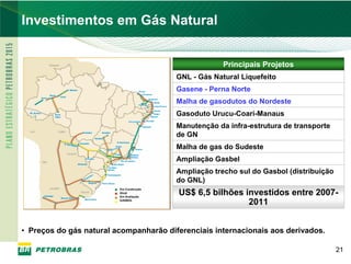 PETROBRAS
Investimentos em Gás Natural


                                                      Principais Projetos
                                         GNL - Gás Natural Liquefeito
                                         Gasene - Perna Norte
                                         Malha de gasodutos do Nordeste
                                         Gasoduto Urucu-Coari-Manaus
                                         Manutenção da infra-estrutura de transporte
                                         de GN
                                         Malha de gas do Sudeste
                                         Ampliação Gasbel
                                         Ampliação trecho sul do Gasbol (distribuição
                                         do GNL)
                                         US$ 6,5 bilhões investidos entre 2007-
                         Em Construção
                         Atual
                         Em Avaliação
                         GASBOL
                                                          2011


• Preços do gás natural acompanharão diferenciais internacionais aos derivados.

                                                                                        21
 