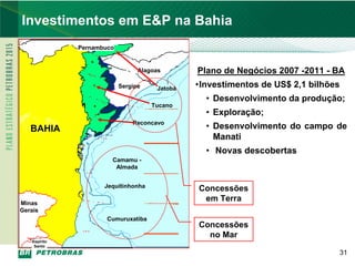 PETROBRAS
Investimentos em E&P na Bahia
              Pernambuco


                                 Alagoas       Plano de Negócios 2007 -2011 - BA
                           Sergipe    Jatobá
                                               •Investimentos de US$ 2,1 bilhões
                                                 • Desenvolvimento da produção;
                                     Tucano
                                                 • Exploração;
                               Reconcavo
   BAHIA                                         • Desenvolvimento do campo de
                                                   Manati
                                                 • Novas descobertas
                       Camamu -
                        Almada


                     Jequitinhonha
                                               Concessões
Minas
                                                em Terra
Gerais
                      Cumuruxatiba
                                               Concessões
                                                 no Mar
   Espirito
    Santo
                                                                               31
 