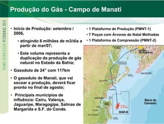 PETROBRAS
Produção do Gás - Campo de Manati

• Início de Produção: setembro /       • 1 Plataforma de Produção (PMNT-1)
  2006,                                • 7 Poços com Árvores de Natal Molhadas
   • atingindo 6 milhões de m3/dia a   • 1 Plataforma de Compressão (PMNT-2)
     partir de mar/07;
   • Este volume representa a
     duplicação da produção de gás
     natural no Estado da Bahia;
• Gasoduto de 24” com 117km
• O gasoduto de Manati, que vai
  escoar a produção, deverá ficar
  pronto no final de agosto;
• Principais municípios de
  influência: Cairu, Valença,
  Jaguaripe, Maragogipe, Salinas de
  Margarida e S.F. do Conde.
 