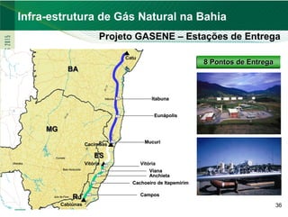 PETROBRAS
   Infra-estrutura de Gás Natural na Bahia
                                                     Projeto GASENE – Estações de Entrega

                                                                       Catu
                                                                                                   8 Pontos de Entrega
                            BA



                                                          116
                                                      BR -
                                                          Itabuna                Itabuna


                                                                                  Eunápolis
                           2
                        -12
                       BR




              MG
                                                                 101
                                                                B R-




                                       Cacimbas                                Mucuri
                                          116
                                         BR -




                Curvelo                              ES
Uberaba                                Vitória                              Vitória
                      Belo Horizonte
                                                                                Viana
                                                                                Anchieta
                                                                         Cachoeiro de Itapemirim

                                                                              Campos
               Juiz de Fora    RJ
                                             1
                                         - 10




                                                 #
                    Cabiúnas
                                       BR




                                                                                                                         36
 