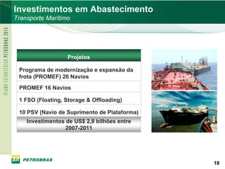 PETROBRAS
Investimentos em Abastecimento
Transporte Marítimo




                  Projetos

 Programa de modernização e expansão da
 frota (PROMEF) 26 Navios
 PROMEF 16 Navios

 1 FSO (Floating, Storage & Offloading)

 10 PSV (Navio de Suprimento de Plataforma)
    Investimentos de US$ 2,8 bilhões entre
                  2007-2011




                                               18
                                              18
 