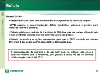 Bolívia

     Decreto 28.701:
       • Estado boliviano toma controle de todos os segmentos da indústria no país;

       •YPFB assume a comercialização: define condições, volumes e preços para
       mercado interno e externo;

       • Estado estabelece período de transição de 180 dias para normalizar situação sob
       novos contratos individualmente aprovados pelo congresso;

       • Estado nacionaliza as ações necessárias para que a YPFB controle no mínimo
       50% mais 1 das ações da Petrobras Bolivia Refinación S.A..



         A nacionalização do petróleo e do gás boliviano, no entanto, não afeta o
         contrato firmado com a Petrobras, que garante a venda de até 30 milhões
         m3/dia de gás natural até 2019.




                                                                                      32
32
 