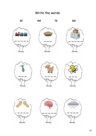 37
Write the words.
_ _ _ _ __ _ _ _ _ _ _ _
_ _ _ _ _ _ _ _ _ _
_ _ _ _ _ _ _ _ _ _ _ _ _
ai ee ie oa
 