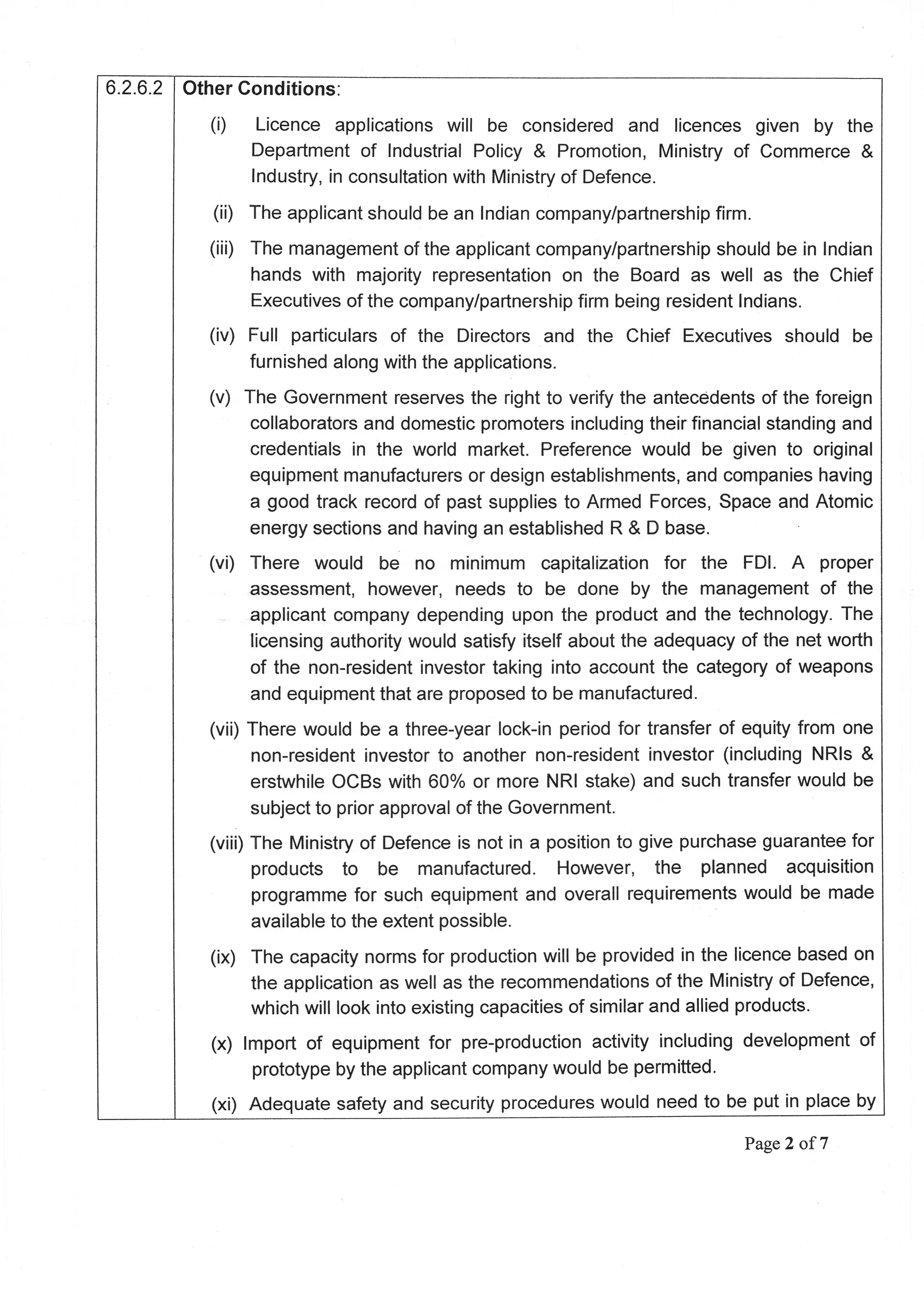 Increased FDI in defence manufacturing Press Note (7), 2014 series.