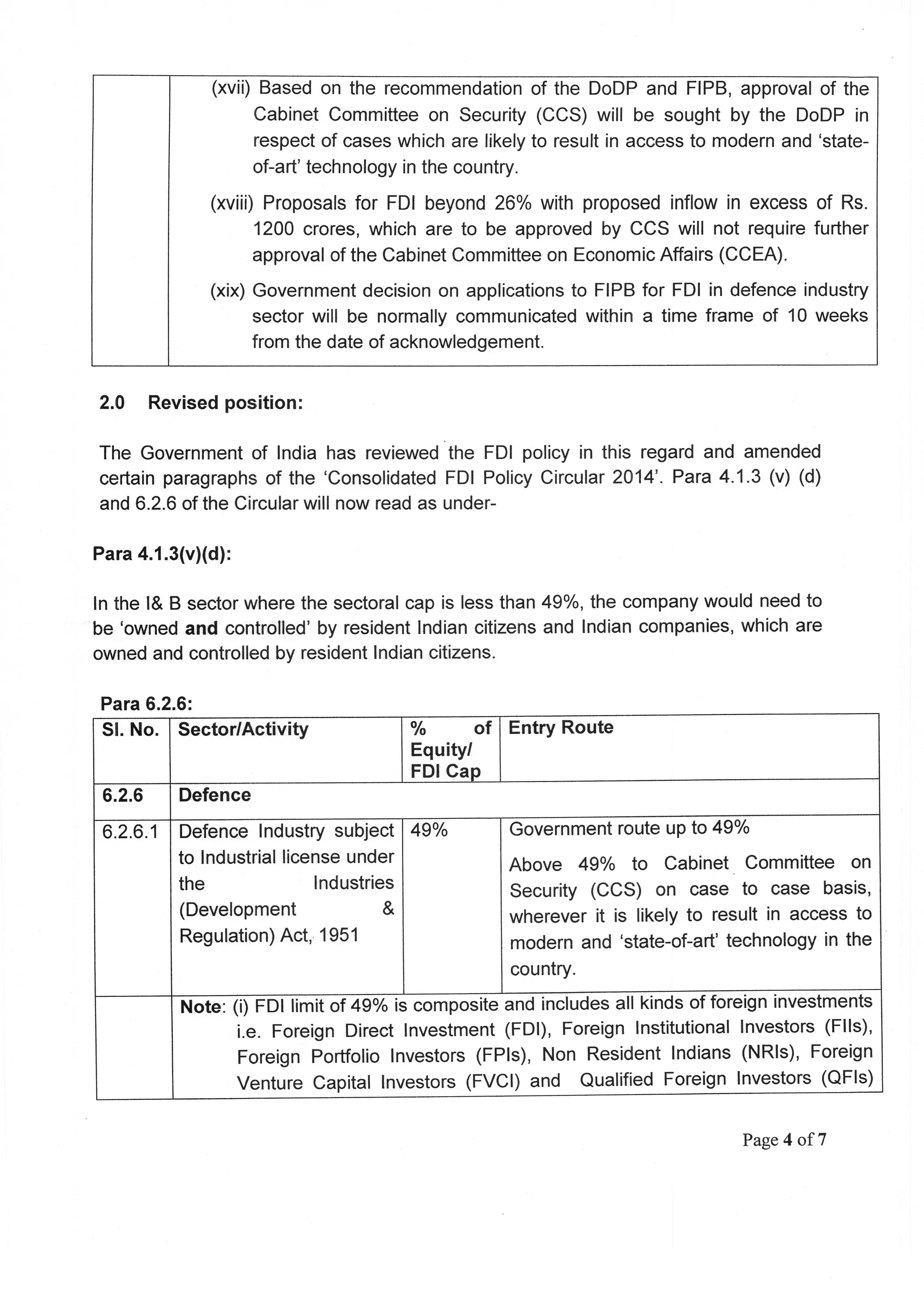 Increased FDI in defence manufacturing Press Note (7), 2014 series.