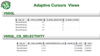 Adaptive Cursors Views
V$SQL
V$SQL_CS_SELECTIVITY
 