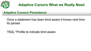 Adaptive Cursors What we Really Need
Once a statement has been bind aware it knows next time
its parsed
?SQL *Profile to indicate bind aware
Adaptive Cursors Persistence
 