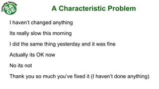 A Characteristic Problem
I haven’t changed anything
Its really slow this morning
I did the same thing yesterday and it was fine
Actually its OK now
No its not
Thank you so much you’ve fixed it (I haven’t done anything)
 