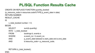 PL/SQL Function Results Cache
CREATE OR REPLACE FUNCTION quantity_booked
(p_resource_code in resources.code%TYPE,p_event_date in date)
RETURN NUMBER
RESULT_CACHE
IS
v_total_booked number := 0;
BEGIN
SELECT sum(b.quantity)
INTO v_total_booked
FROM bookings b, events e
WHERE e.event_no = b.event_no
AND p_event_date between e.start_date and e.end_date
AND b.resource_code = p_resource_code;
RETURN (v_total_booked);
END;
 
