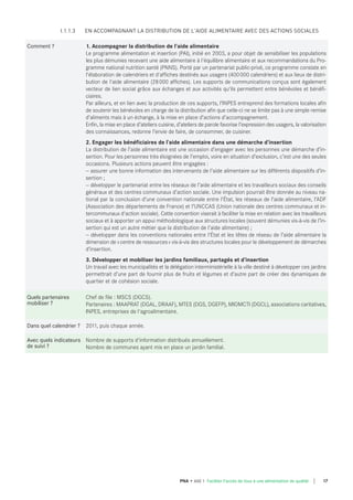 I.1.1.3 EN ACCOMPAGNANT LA DISTRIBUTION DE L'AIDE ALIMENTAIRE AVEC DES ACTIONS SOCIALES
Comment ? 1. Accompagner la distribution de l'aide alimentaire
Le programme alimentation et insertion (PAI), initié en 2003, a pour objet de sensibiliser les populations
les plus démunies recevant une aide alimentaire à l'équilibre alimentaire et aux recommandations du Pro-
gramme national nutrition santé (PNNS). Porté par un partenariat public-privé, ce programme consiste en
l'élaboration de calendriers et d'affiches destinés aux usagers (400000 calendriers) et aux lieux de distri-
bution de l'aide alimentaire (28000 affiches). Les supports de communications conçus sont également
vecteur de lien social grâce aux échanges et aux activités qu'ils permettent entre bénévoles et bénéfi-
ciaires.
Par ailleurs, et en lien avec la production de ces supports, l’INPES entreprend des formations locales afin
de soutenir les bénévoles en charge de la distribution afin que celle-ci ne se limite pas à une simple remise
d’aliments mais à un échange, à la mise en place d’actions d’accompagnement.
Enfin, la mise en place d’ateliers cuisine, d’ateliers de parole favorise l’expression des usagers, la valorisation
des connaissances, redonne l’envie de faire, de consommer, de cuisiner.
2. Engager les bénéficiaires de l’aide alimentaire dans une démarche d’insertion
La distribution de l’aide alimentaire est une occasion d’engager avec les personnes une démarche d’in-
sertion. Pour les personnes très éloignées de l’emploi, voire en situation d’exclusion, c’est une des seules
occasions. Plusieurs actions peuvent être engagées :
— assurer une bonne information des intervenants de l’aide alimentaire sur les différents dispositifs d’in-
sertion ;
— développer le partenariat entre les réseaux de l’aide alimentaire et les travailleurs sociaux des conseils
généraux et des centres communaux d’action sociale. Une impulsion pourrait être donnée au niveau na-
tional par la conclusion d’une convention nationale entre l'État, les réseaux de l’aide alimentaire, l’ADF
(Association des départements de France) et l’UNCCAS (Union nationale des centres communaux et in-
tercommunaux d'action sociale). Cette convention viserait à faciliter la mise en relation avec les travailleurs
sociaux et à apporter un appui méthodologique aux structures locales (souvent démunies vis-à-vis de l’in-
sertion qui est un autre métier que la distribution de l’aide alimentaire) ;
— développer dans les conventions nationales entre l'État et les têtes de réseau de l’aide alimentaire la
dimension de «centre de ressources» vis-à-vis des structures locales pour le développement de démarches
d’insertion.
3. Développer et mobiliser les jardins familiaux, partagés et d’insertion
Un travail avec les municipalités et la délégation interministérielle à la ville destiné à développer ces jardins
permettrait d’une part de fournir plus de fruits et légumes et d’autre part de créer des dynamiques de
quartier et de cohésion sociale.
quels partenaires
mobiliser ?
Chef de file : MSCS (DGCS).
Partenaires : MAAPRAT (DGAL, DRAAF), MTES (DGS, DGEFP), MIOMCTI (DGCL), associations caritatives,
INPES, entreprises de l'agroalimentaire.
dans quel calendrier ? 2011, puis chaque année.
Avec quels indicateurs
de suivi ?
Nombre de supports d'information distribués annuellement.
Nombre de communes ayant mis en place un jardin familial.
17PNA • AXE 1 Faciliter l'accès de tous à une alimentation de qualité
 