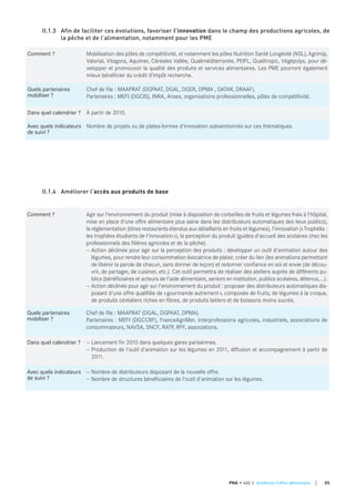 Comment ? Mobilisation des pôles de compétitivité, et notamment les pôles Nutrition Santé Longévité (NSL), Agrimip,
Valorial, Vitagora, Aquimer, Céréales Vallée, Qualiméditerranée, PEIFL, Qualitropic, Végépolys, pour dé-
velopper et promouvoir la qualité des produits et services alimentaires. Les PME pourront également
mieux bénéficier du crédit d’impôt recherche.
quels partenaires
mobiliser ?
Chef de file : MAAPRAT (DGPAAT, DGAL, DGER, DPMA , DATAR, DRAAF).
Partenaires : MEFI (DGCIS), INRA, Anses, organisations professionnelles, pôles de compétitivité.
dans quel calendrier ? À partir de 2010.
Avec quels indicateurs
de suivi ?
Nombre de projets ou de plates-formes d'innovation subventionnés sur ces thématiques.
II.1.3 Afin de faciliter ces évolutions, favoriser l’innovation dans le champ des productions agricoles, de
la pêche et de l’alimentation, notamment pour les PME
Comment ? Agir sur l'environnement du produit (mise à disposition de corbeilles de fruits et légumes frais à l'hôpital,
mise en place d'une offre alimentaire plus saine dans les distributeurs automatiques des lieux publics),
la réglementation (titres restaurants étendus aux détaillants en fruits et légumes), l'innovation («Trophélia :
les trophées étudiants de l'innovation»), la perception du produit (guides d'accueil des scolaires chez les
professionnels des filières agricoles et de la pêche).
— Action déclinée pour agir sur la perception des produits : développer un outil d'animation autour des
légumes, pour rendre leur consommation évocatrice de plaisir, créer du lien (les animations permettant
de libérer la parole de chacun, sans donner de leçon) et redonner confiance en soi et envie (de décou-
vrir, de partager, de cuisiner, etc.). Cet outil permettra de réaliser des ateliers auprès de différents pu-
blics (bénéficiaires et acteurs de l'aide alimentaire, seniors en institution, publics scolaires, détenus,...).
— Action déclinée pour agir sur l'environnement du produit : proposer des distributeurs automatiques dis-
posant d'une offre qualifiée de «gourmande autrement», composée de fruits, de légumes à la croque,
de produits céréaliers riches en fibres, de produits laitiers et de boissons moins sucrés.
quels partenaires
mobiliser ?
Chef de file : MAAPRAT (DGAL, DGPAAT, DPMA).
Partenaires : MEFI (DGCCRF), FranceAgriMer, interprofessions agricoles, industriels, associations de
consommateurs, NAVSA, SNCF, RATP, RFF, associations.
dans quel calendrier ? — Lancement fin 2010 dans quelques gares parisiennes.
— Production de l'outil d'animation sur les légumes en 2011, diffusion et accompagnement à partir de
2011.
Avec quels indicateurs
de suivi ?
— Nombre de distributeurs disposant de la nouvelle offre.
— Nombre de structures bénéficiaires de l'outil d'animation sur les légumes.
II.1.4 Améliorer l'accès aux produits de base
35PNA • AXE 2 Améliorer l'offre alimentaire
 