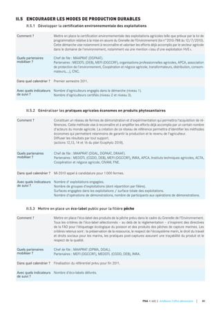 Comment ? Constituer un réseau de fermes de démonstration et d'expérimentation qui permettra l'acquisition de ré-
férences. Cette méthode vise à reconnaître et à amplifier les efforts déjà accomplis par un certain nombre
d'acteurs du monde agricole. La création de ce réseau de référence permettra d'identifier les méthodes
économes qui permettent néanmoins de garantir la production et le revenu de l'agriculteur.
Diffuser les résultats par tout support.
(actions 12,13, 14 et 16 du plan Ecophyto 2018).
quels partenaires
mobiliser ?
Chef de file : MAAPRAT (DGAL, DGPAAT, DRAAF).
Partenaires : MEDDTL (CGDD, DEB), MEFI (DGCCRF), INRA, APCA, Instituts techniques agricoles, ACTA,
Coopération et négoce agricole, CIVAM, FNE.
dans quel calendrier ? Mi-2010 appel à candidature pour 1000 fermes.
Avec quels indicateurs
de suivi ?
Nombre d' exploitations engagées.
Nombre de groupes d'exploitations (dont répartition par filière).
Surfaces engagées dans les exploitations / surface totale des exploitations.
Nombre d'opérations de démonstrations, nombre de participants aux opérations de démonstrations.
II.5.2 Généraliser les pratiques agricoles économes en produits phytosanitaires
Comment ? Mettre en place l'éco-label des produits de la pêche prévu dans le cadre du Grenelle de l'Environnement.
Tous les critères de l'éco-label sélectionnés – au delà de la réglementation – s'inspirent des directives
de la FAO pour l'étiquetage écologique du poisson et des produits des pêches de capture marines. Les
critères retenus sont : la préservation de la ressource, le respect de l'écosystème marin, le droit du travail
et droits sociaux pour les marins, les pratiques post-captures assurant une traçabilité du produit et le
respect de la qualité.
quels partenaires
mobiliser ?
Chef de file : MAAPRAT (DPMA, DGAL).
Partenaires : MEFI (DGCCRF), MEDDTL (CGDD, DEB), INRA.
dans quel calendrier ? Finalisation du référentiel prévu pour fin 2011.
Avec quels indicateurs
de suivi ?
Nombre d'éco-labels délivrés.
II.5.3 Mettre en place un éco-label public pour la filière pêche
II.5 ENCOURAGER LES MODES DE PRODUCTION DURABLES
II.5.1 Développer la certification environnementale des exploitations
Comment ? Mettre en place la certification environnementale des exploitations agricoles telle que prévue par la loi de
programmation relative à la mise en œuvre du Grenelle de l'Environnement (loi n°2010-788 du 12/7/2010).
Cette démarche vise notamment à reconnaître et valoriser les efforts déjà accomplis par le secteur agricole
dans le domaine de l'environnement, notamment via une mention «issu d'une exploitation HVE».
quels partenaires
mobiliser ?
Chef de file : MAAPRAT (DGPAAT).
Partenaires : MEDDTL (DEB), MEFI (DGCCRF), organisations professionnelles agricoles, APCA, association
de protection de l'environnement, Coopération et négoce agricole, transformateurs, distribution, consom-
mateurs,...), CNC.
dans quel calendrier ? Premier semestre 2011.
Avec quels indicateurs
de suivi ?
Nombre d'agriculteurs engagés dans la démarche (niveau 1).
Nombre d'agriculteurs certifiés (niveau 2 et niveau 3).
41PNA • AXE 2 Améliorer l'offre alimentaire
 