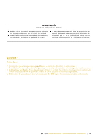 Comment ?
Actions-phares :
► Extension des journées européennes du patrimoine au patrimoine alimentaire et gastronomique ;
► Consolidation d'un inventaire national des produits et recettes régionales (« registre national du patrimoine alimentaire ») ;
► Certification / labellisation des restaurateurs privilégiant les produits frais et les recettes du patrimoine culinaire, les
produits sous signes officiels de qualité, les produits de saison, les approvisionnements de proximité ;
► Renforcement de la connaissance et de la reconnaissance des SIQO auprès des consommateurs et des professionnels.
u 84% des français conçoivent le repas gastronomique en premier
lieu comme une culture dont tous les français sont porteurs.
u 20% des exploitations agricoles sont engagées dans une produc-
tion sous signe d'identification de la qualité et de l'origine.
u le label « restaurateurs de France » et la certification de la res-
tauration faisant appel aux produits du terroir ne comptent res-
pectivement que 327 et 50 adhérents pour environ 100000
entreprises relevant du secteur de la restauration commerciale.
CHIFFRES-CLÉS
(sources : TNS SOFRES, CREDOC, AGRESTE)
55PNA • AXE 4 Préserver et promouvoir le patrimoine alimentaire et culinaire français
 