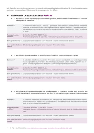 PNA • VOLET TRANSVERSAL Innover et créer des connaissances pour des modèles alimentaires durables et de qualité64
Comment ? En créant des plate-formes technologiques pour l'extraction, par des procédés respectueux de l'environ-
nement, de vitamines, d'édulcorants, de principes actifs afin de les substituer aux molécules produites à
partir du carbone fossile (chimie du pétrole).
quels partenaires
mobiliser ?
Chef de file : MAAPRAT (DGER, DGAL, DGPAAT).
Partenaires : MEDDTL, organismes de recherche, instituts techniques, pôles de compétitivité et indus-
triels.
dans quel calendrier ? Un projet sera déposé dans le cadre des appels à projets investissements d'avenir.
Avec quels indicateurs
de suivi ?
Sélection d'un projet de plate-forme mutualisée d'innovation dédiée.
V.1.3 Accroître la qualité environnementale, en développant la chimie du végétal pour produire des
molécules d'intérêt alimentaire issues de procédés de fabrication respectueux de l'environnement
Afin d’accroître les synergies entre acteurs et accentuer la cohérence globale du dispositif national de recherche en alimentation,
quatre axes programmatiques fédérateurs et structurants peuvent être définis :
V.1 PROMOUVOIR LA RECHERCHE SUR L'ALIMENT
V.1.2 Accroître la qualité organoleptique, notamment gustative, en menant des recherches sur la sélection
de végétaux et d'animaux
Comment ? En développant les outils des « omiques » (génomique, transcriptomique, métabolomique) permettant
d'identifier les déterminants de la qualité organoleptique des végétaux et aliments d'origine animale (iden-
tifier les gènes responsables du goût d'un fruit pour ensuite sélectionner les arbres fruitiers porteurs de
ce gène).
quels partenaires
mobiliser ?
Chef de file : MAAPRAT (DGER, DGAL).
Partenaires : Organismes de recherche, instituts techniques, pôles de compétitivité et industriels.
dans quel calendrier ? Un projet sera déposé dans le cadre des appels à projets investissements d'avenir.
Avec quels indicateurs
de suivi ?
Sélection d'un projet de plate-forme mutualisée d'innovation dédiée.
Comment ? En créant des plate-formes mutualisées d'innovation associant les industriels pour le développement de
nouveaux procédés de préservation des aliments (haute-pression, lumière pulsée), répondant aux exi-
gences sanitaires réglementaires et adaptés aux nouvelles pratiques de consommation.
quels partenaires
mobiliser ?
Chef de file : MAAPRAT (DGER, DGAL).
Partenaires : Anses, Organismes de recherche, instituts techniques, pôles de compétitivité et industriels.
dans quel calendrier ? Un projet sera déposé dans le cadre des appels à projets investissements d'avenir.
Avec quels indicateurs
de suivi ?
Sélection d'un projet de plate-forme mutualisée d'innovation dédiée.
V.1.2 Accroître la qualité sanitaire, en développant la recherche partenariale public - privé
 