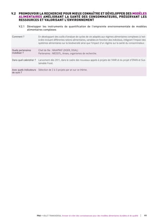 PNA • VOLET TRANSVERSAL Innover et créer des connaissances pour des modèles alimentaires durables et de qualité 65
V.2 PROMOUVOIR LA RECHERCHE POUR MIEUX CONNAÎTRE ET DÉVELOPPER DES MODÈLES
ALIMENTAIRES AMÉLIORANT LA SANTÉ DES CONSOMMATEURS, PRÉSERVANT LES
RESSOURCES ET VALORISANT L'ENVIRONNEMENT
Comment ? En développant des outils d'analyse de cycles de vie adaptés aux régimes alimentaires complexes (c'est-
à-dire incluant différentes rations alimentaires, variables en fonction des individus), intégrant l'impact des
systèmes alimentaires sur la biodiversité ainsi que l'impact d'un régime sur la santé du consommateur.
quels partenaires
mobiliser ?
Chef de file : MAAPRAT (DGER, DGAL)
Partenaires : MEDDTL, Anses, organismes de recherche.
dans quel calendrier ? Lancement dès 2011, dans le cadre des nouveaux appels à projets de l'ANR et du projet d'ERAN et Sus-
tainable Food.
Avec quels indicateurs
de suivi ?
Sélection de 2 à 3 projets par an sur ce thème.
V.2.1 Développer les instruments de quantification de l'empreinte environnementale de modèles
alimentaires complexes
 