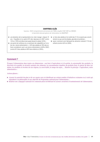 Comment ?
Évoquer l'alimentation dans toutes ses dimensions : son lien à l'agriculture et à la pêche, la saisonnalité des produits, la
diversité et la qualité, la sécurité sanitaire des aliments, la consommation régulière de produits frais, le plaisir de faire soi-
même, les produits et recettes de nos régions, la convivialité, le temps du repas, ... Illustrer le principe « l'agriculture, notre
alimentation ».
Actions-phares :
► Assurer la notoriété du plan et de ses quatre axes en labellisant un certain nombre d'initiatives existantes ou à venir qui
répondent à la philosophie et aux objectifs du Programme national pour l’alimentation ;
► Réaliser une campagne nationale de communication en fédérant les acteurs sectoriels et institutionnels de l'alimentation.
u une évolution de la représentation du « bien manger » depuis 15
ans : l'équilibre et la santé (37% des réponses en 2007 contre
12% en 1995) est désormais passé devant le plaisir (20%) ;
u une perte de confiance et un sentiment de culpabilité sur la no-
tion de « bonne alimentation » : 69% des adultes et 78% des en-
fants considèrent avoir une bonne alimentation (chiffre 2007)
(contre 81% des adultes et 89% des enfants en 2003) ;
u un tiers des adultes et la moitié des 9-14 ne savent pas concrè-
tement ce que sont les lipides, glucides et protéines ;
u savoir comment sont fabriqués les aliments motivent 71% des
enfants (contre 64% en 2003).
CHIFFRES-CLÉS
(sources : ESCO comportements alimentaires de l'INRA, enquête CCAF 2007 du CREDOC
et baromètre des perceptions de l'alimentation du MAAPRAT)
69PNA • VOLET TRANSVERSAL Innover et créer des connaissances pour des modèles alimentaires durables et de qualité
 